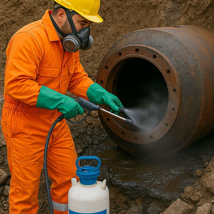 Bonifica serbatoio interrato con operatore durante pulizia e messa in sicurezza ambientale